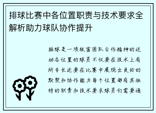 排球比赛中各位置职责与技术要求全解析助力球队协作提升