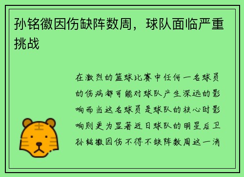 孙铭徽因伤缺阵数周，球队面临严重挑战