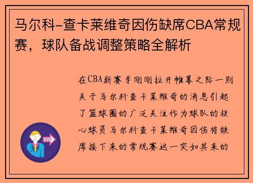 马尔科-查卡莱维奇因伤缺席CBA常规赛，球队备战调整策略全解析