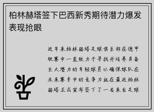 柏林赫塔签下巴西新秀期待潜力爆发表现抢眼