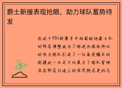 爵士新援表现抢眼，助力球队蓄势待发